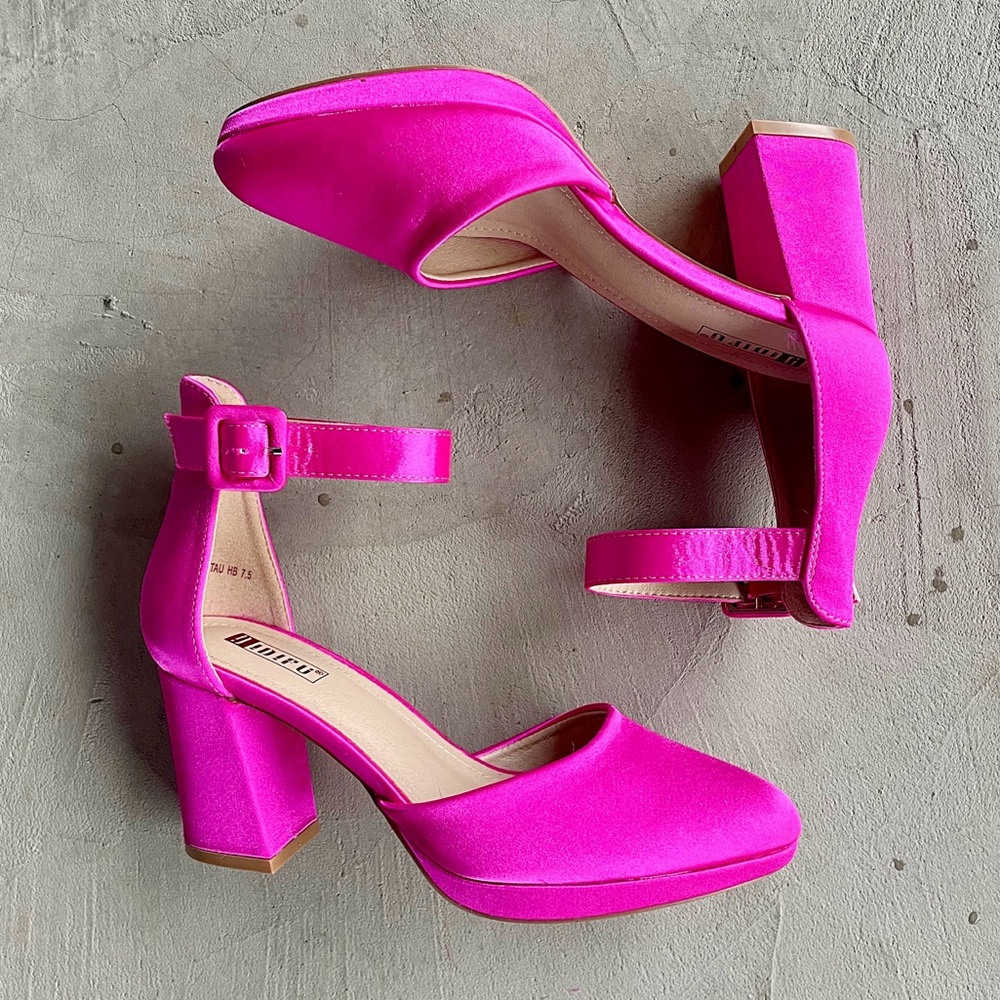 Idifu | Hot Pink Satin Chunky Blivk Heel Pumps
